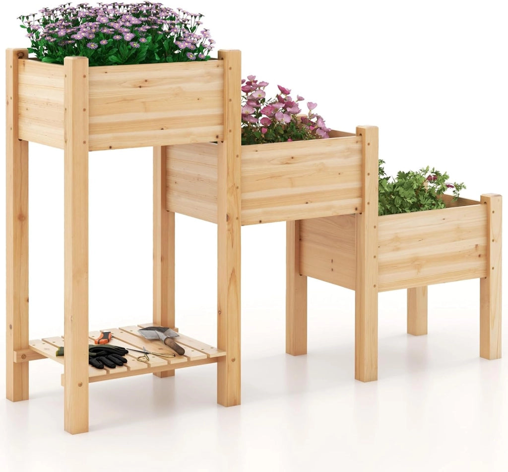 Aiuola da Giardino Rialzata a 3 Livelli in Legno con Ripiano, 3 Fioriere Rialzate, Fori di Drenaggio, Fioriera da Giardino per Frutta, Verdura, Fiore, Erba, 161 cm x 43 cm x 104 cm