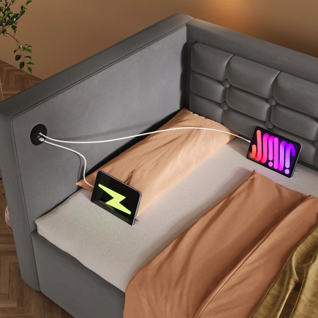 Divano letto con contenitore idraulico 90x200 cm in velluto grigio; con porta USB e Type-C