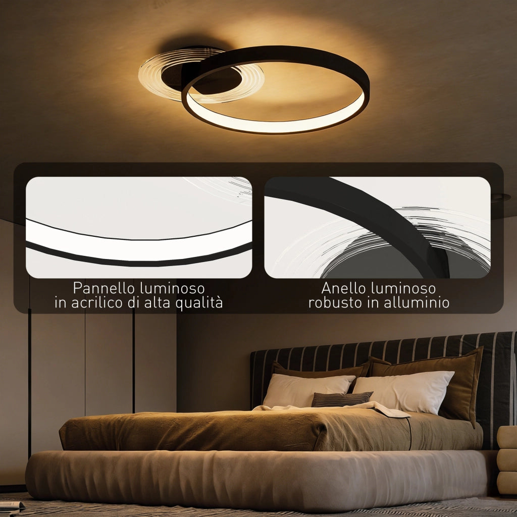 Plafoniera LED Moderna a 2 Anelli con Temperatura Colore Regolabile, Potenza 30W, Nero
