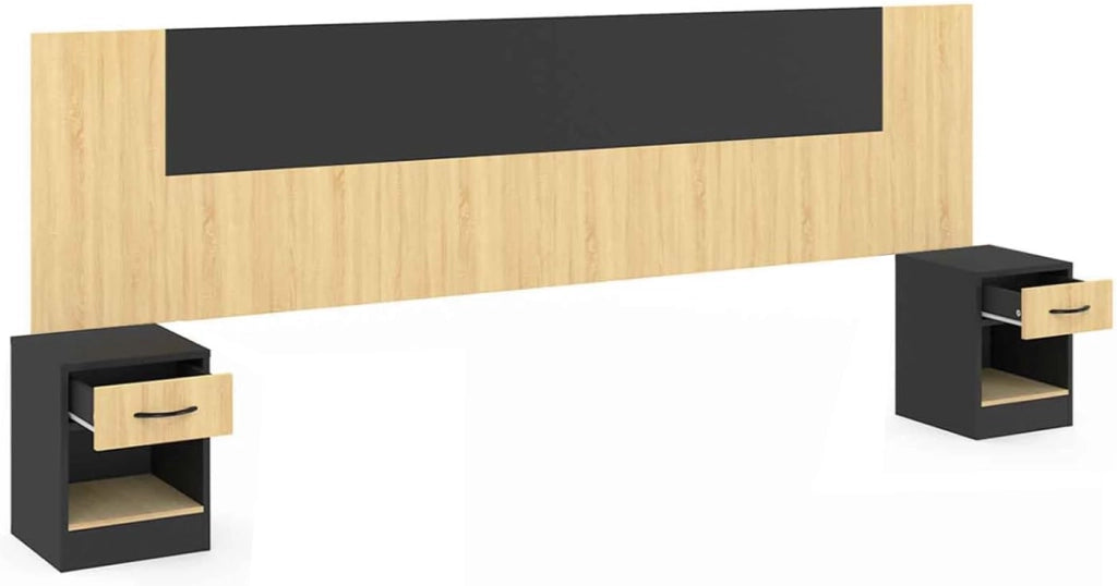 Cabecero SAPA para camas de 140 y 160 cm con mesillas negras y efecto madera