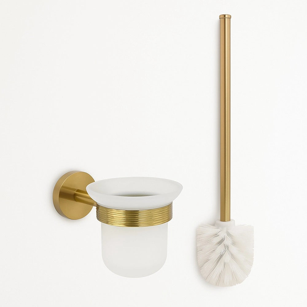 Trade Shop - Porta Scopino Per Wc In Acciaio Oro Con Bicchiere Vetro Satinato Accessorio Bagno 87935 -