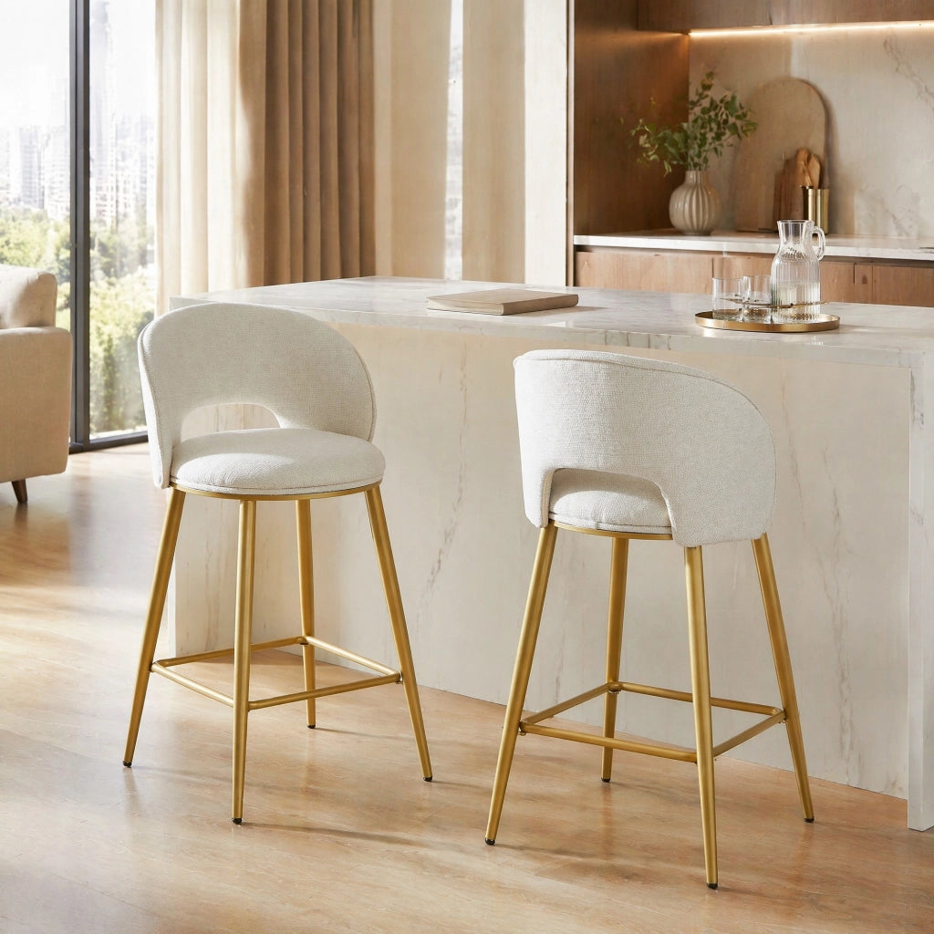 Sgabello da bar con schienale traforato e poggiapiedi per cucina e banco in tessuto Chenille Beige