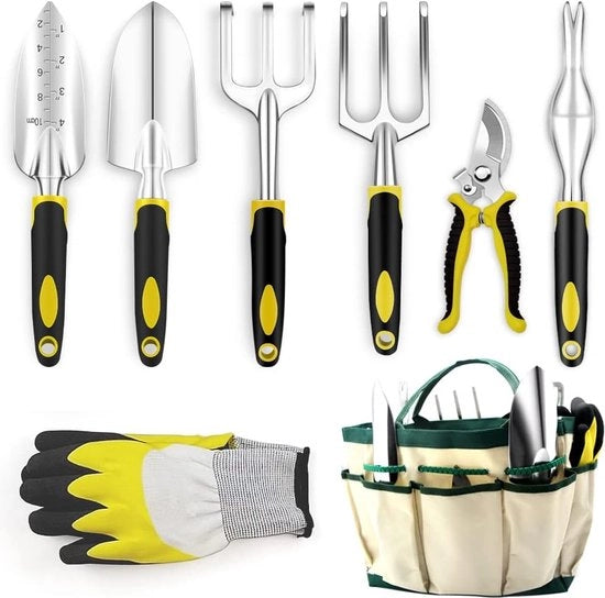 Set di attrezzature per giardinaggio, 8 pezzi, con attrezzi da giardino, guanti per la cura del giardino, attrezzatura da giardino, con sega da giardino, zappa, forca, kit per la cura del giardino