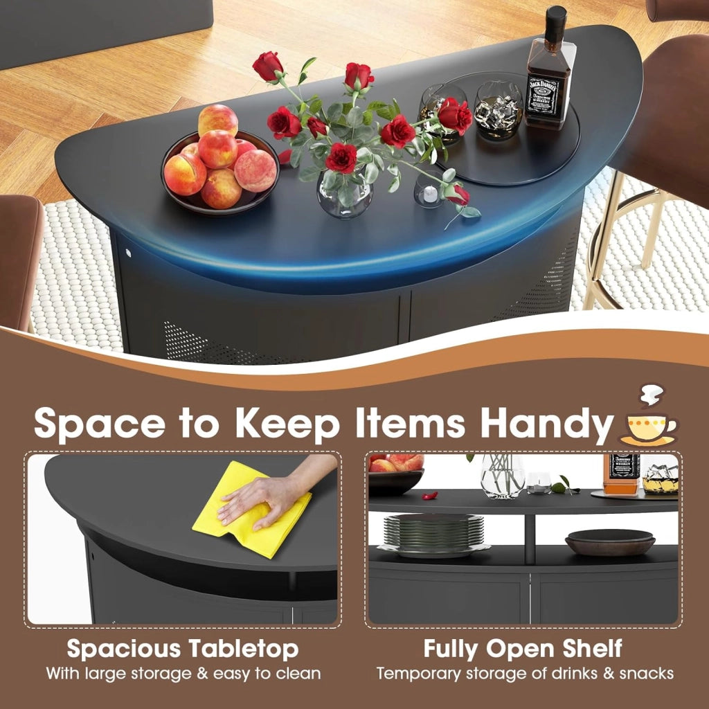 Mobile da bar con ripiani e 3 file di portabicchieri, tavolo da bar curvo con parte anteriore in rete e poggiapiedi in metallo, 6 gambe regolabili, 110,5 x 48 x 112,5 cm, credenza per cucina