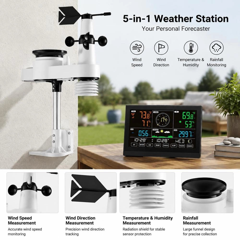 5-in-1 Wi-Fi Weather Station, 7.5-inch VA Display, Solar-powered Outdoor Sensor, Weather Center For Weather Forecast, Wind Speed, Wind Direction, Temperature, Humidity, Precipitation