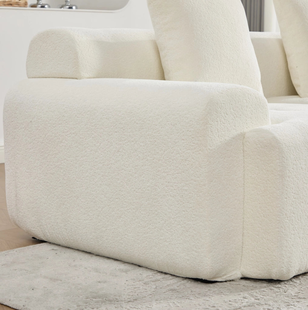 Divano angolare modulare 268x174x81 cm beige con pouf, tessuto e memory foam,