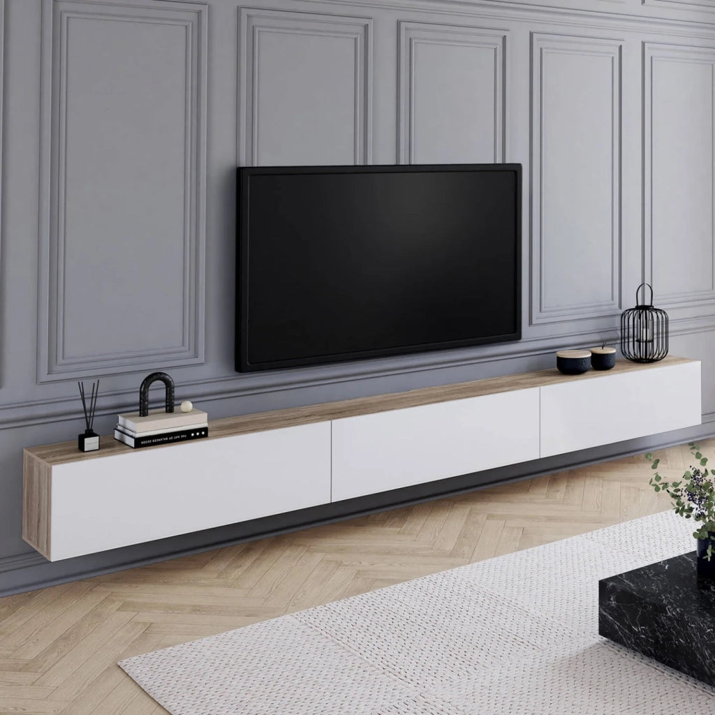 IDMarket - Mobile TV sospeso ELIO da 300 cm, 3 ante, in legno e bianco
