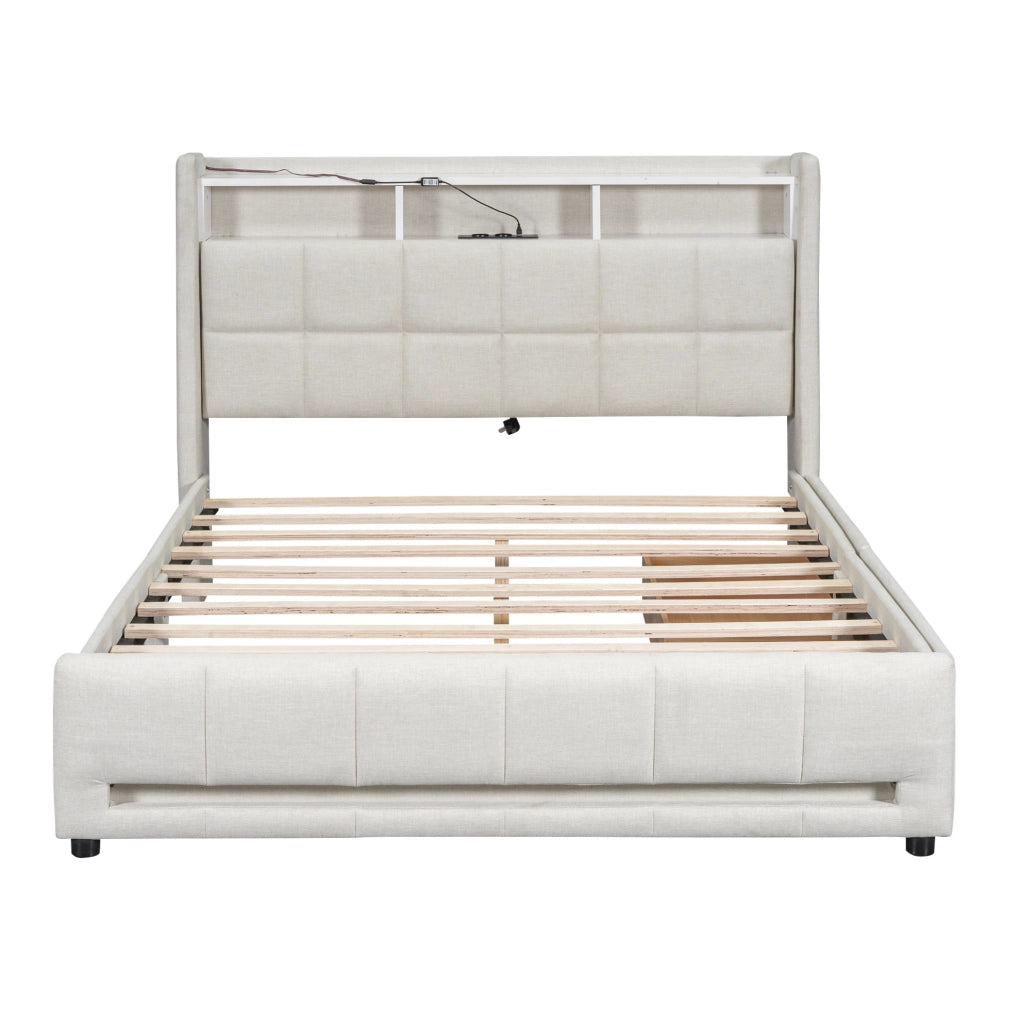Letto contenitore 140x200 cm con LED; USB e 2 cassetti; lino e MDF beige