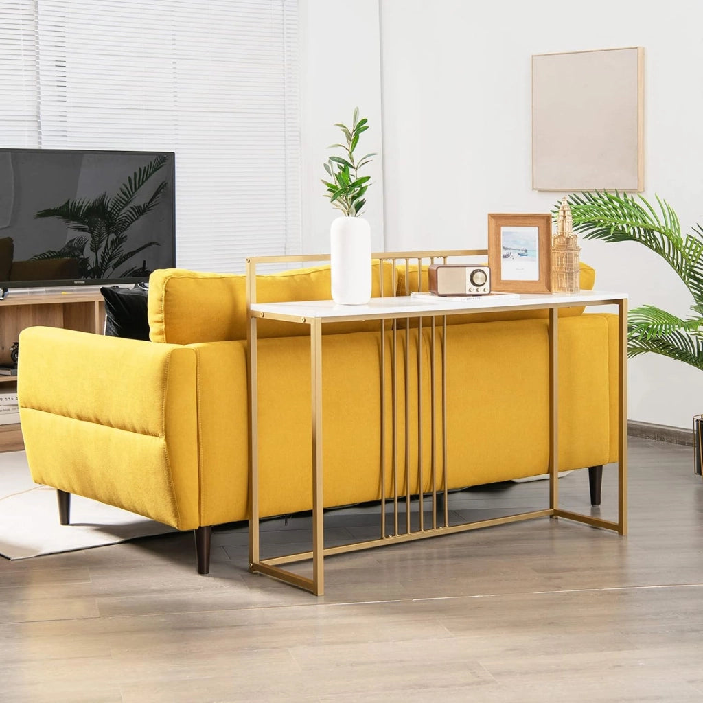 Tavolo Consolle 120 cm, Tavolo d’Ingresso con Piano Effetto Marmorino e Sponda, Consolle con Struttura in Metallo Dorato per Salotto, Corridoio e Ingresso (Bianco)