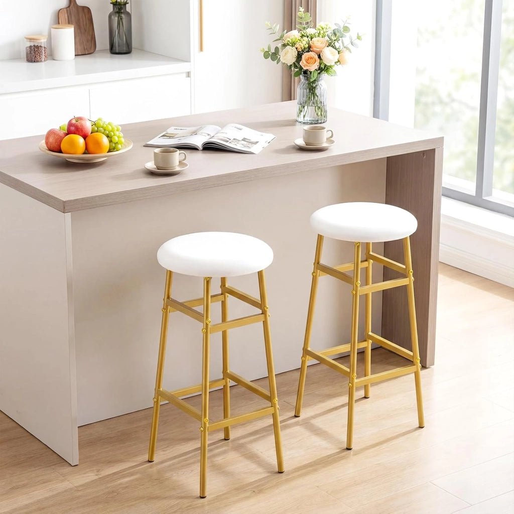 Set di 2 Sgabelli Alti Rotondi da Bar (Bianco) | Sgabelli con Seduta Imbottita, Pioggiapiedi Ergonomico, Portata 150 kg per Cucina e Sala da Pranzo, 33,5 x 33,5 x 73 cm