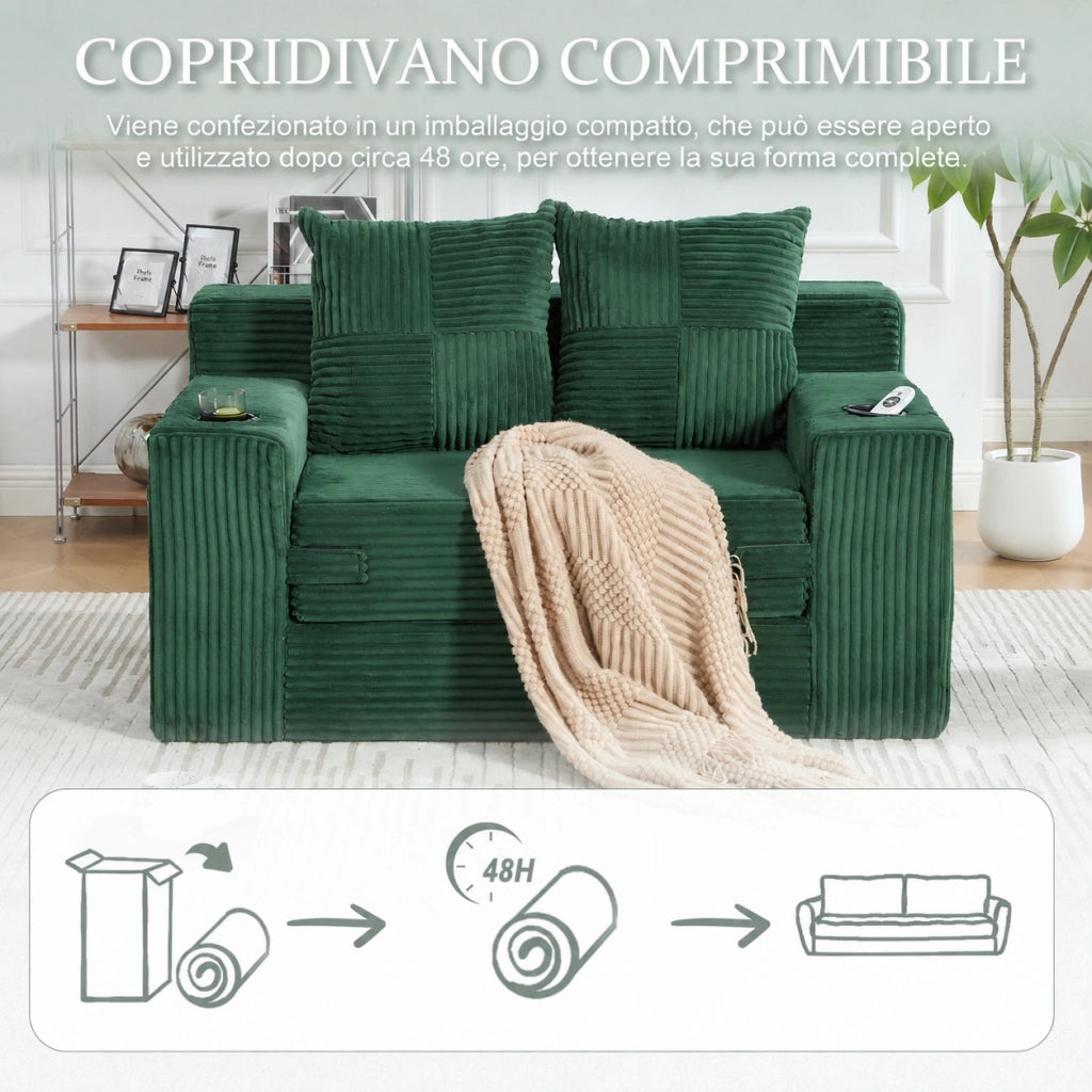Divano letto due posti in velluto a coste verde smeraldo con cuscini e portabicchieri