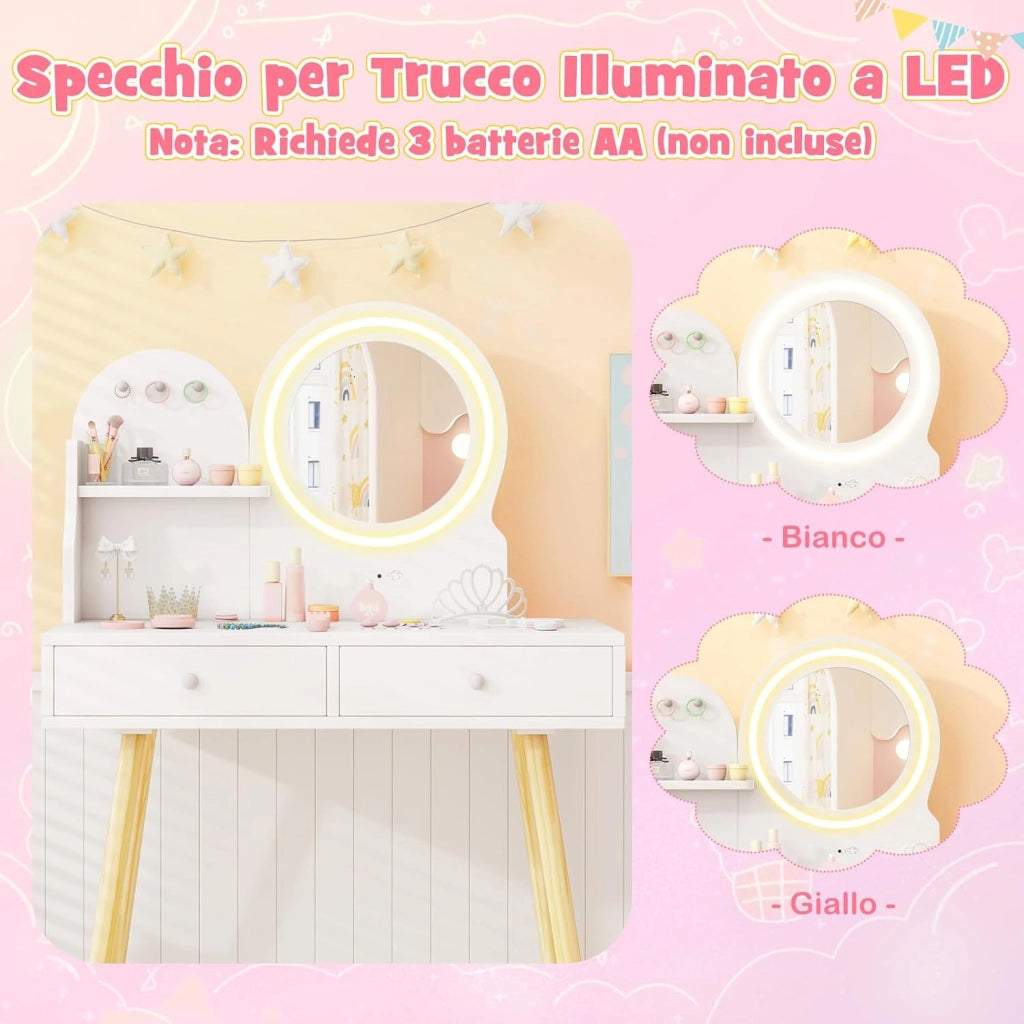 Set Toeletta Trucco per Bambini con Specchio Illuminato, Set Tavolo e Sedie con Ripiano Aperto, Ganci e Cassetti, Mobile da Leggere, Disegnare e Scrivere per Cameretta, Bianco