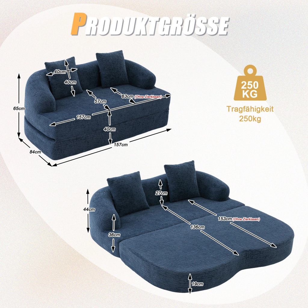 DIVANO LETTO 2 POSTI Pieghevole 157x84x65 cm Chenille Blu Navy