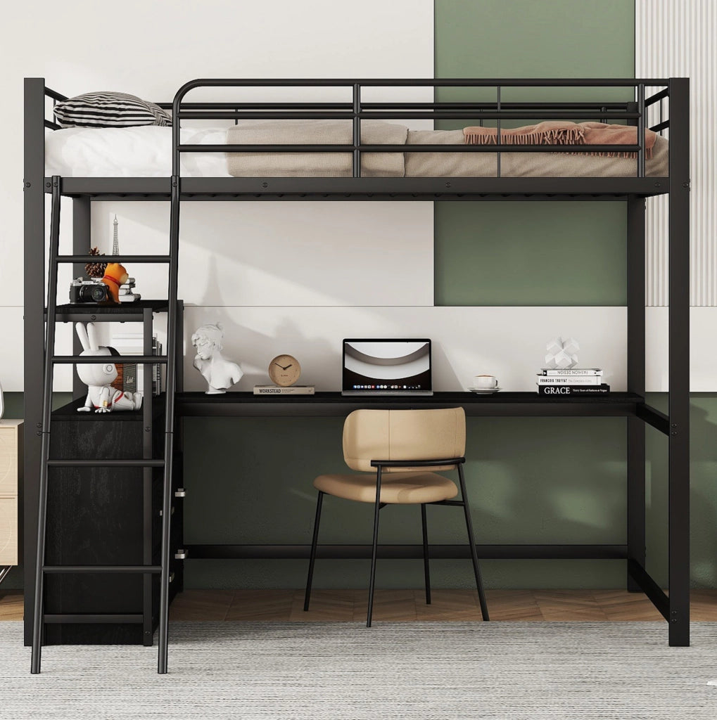 Letto a soppalco 140x200 cm con scrivania a L e cassetti in MDF e metallo nero