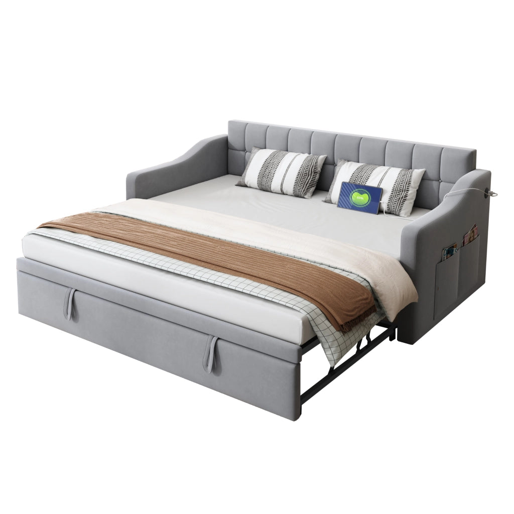 OKWISH Letto Estraibile 90×190 cm, Letto Singolo con 2 Porte USB, Presa e Tasca Portaoggetti, senza Materasso, Velluto, Grigio Chiaro