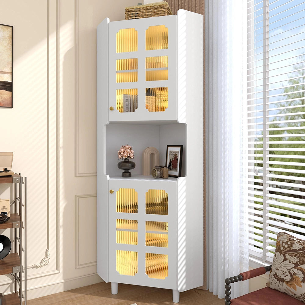 Armadio d'angolo bianco con finitura laccata e illuminazione a LED - Xylo - Multifunzionale per soggiorno, biblioteca, bagno, camera da letto, sala da pranzo