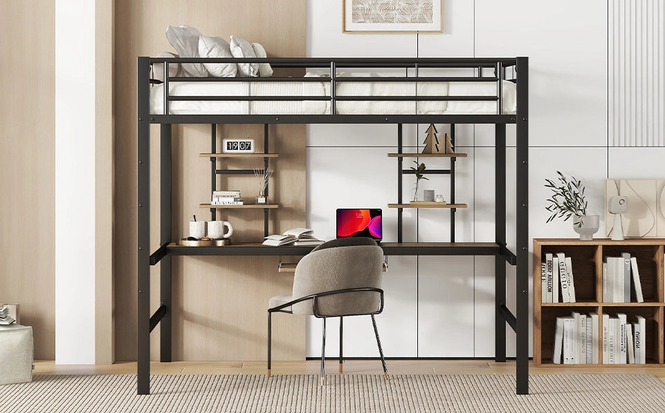 Letto a soppalco in metallo con scrivania e due scaffali, struttura robusta 140x200 cm colore nero
