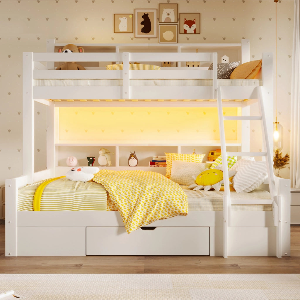 Letto a castello con vano contenitore, cassetto e luce LED integrata