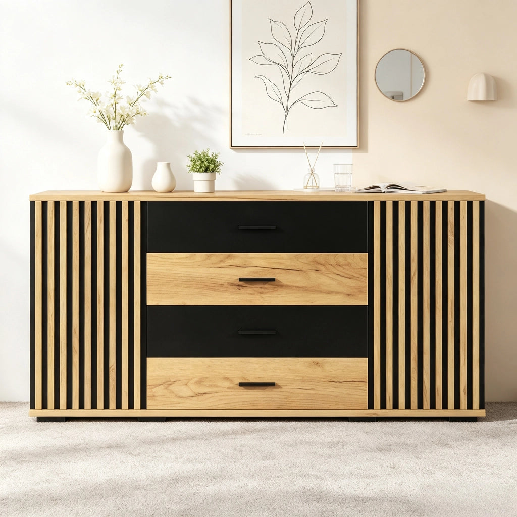 Credenza con 4 cassetti e 2 ante per soggiorno in MDF 140×35×70 cm nero e rovere