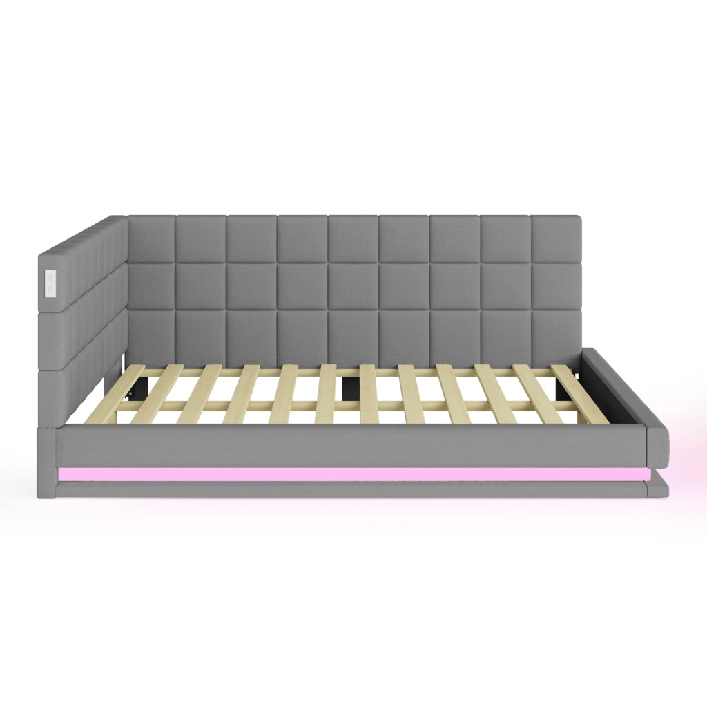 Divano letto 140x200 cm con LED e USB; lino grigio (Senza materasso)