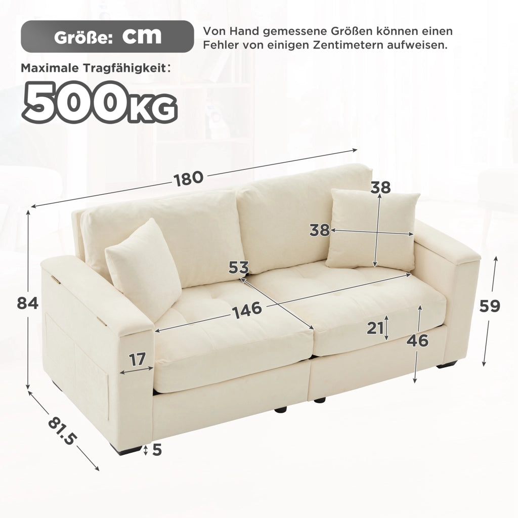 Divano a 2 posti con vano portaoggetti nei braccioli e tasche laterali in ciniglia beige con cuscini per piccoli ambienti