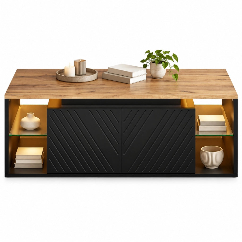 TAVOLINO da caffè 100x50x41 cm Nero con LED e ripiani semiaperti
