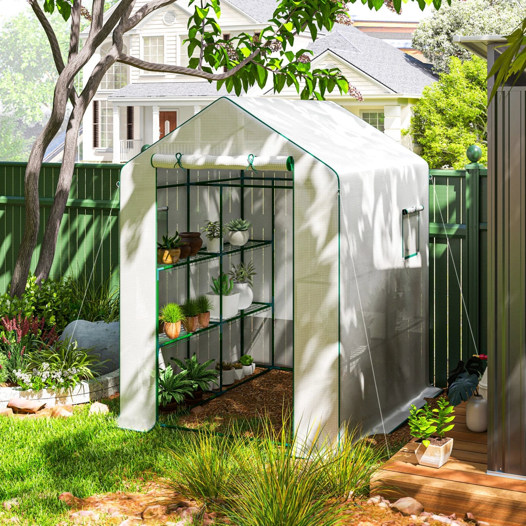 Serra da Giardino con 1 Porta 2 Finestre e Scaffali 3 Livelli ¨C Zephmum ¨C Bianco 140x143x190 cm