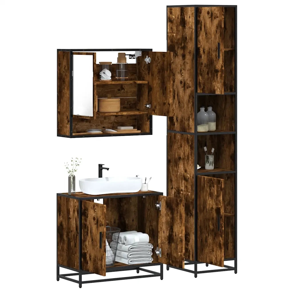 Set Mobili da Bagno | Armadio da bagno 3 pz Rovere Fumo in Legno Multistrato