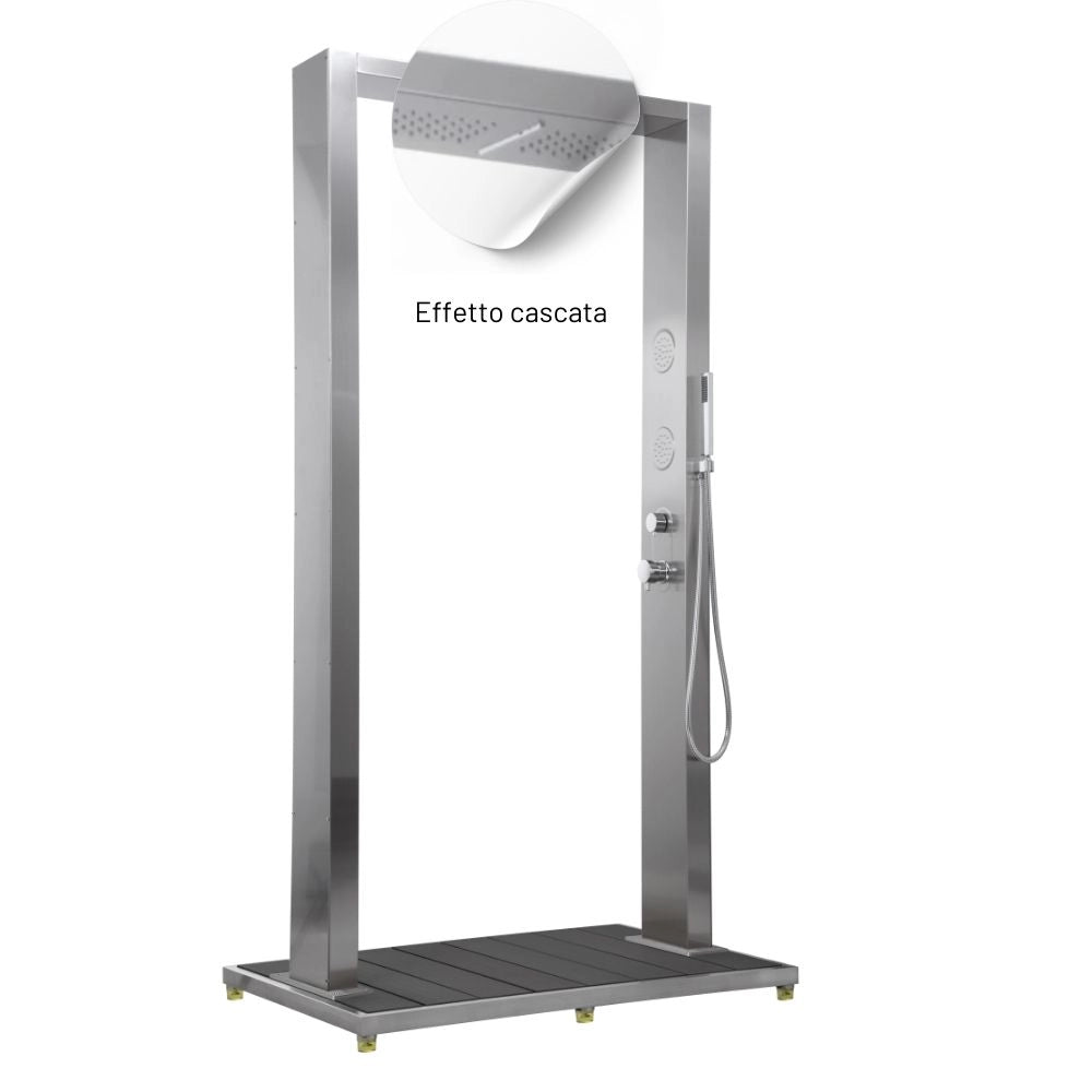 Colonna doccia da esterno doppia bamboo acciaio inox getti idro pedana wpc