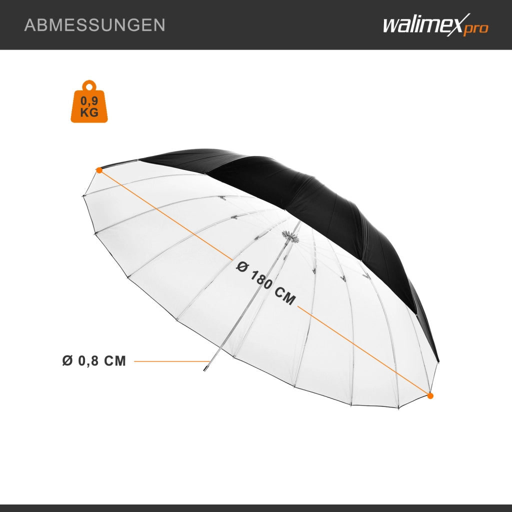Ombrello reflex Ø 180 cm bianco/nero per luce morbida, riflettore per la riduzione di luce diffusa, sagomatore per flash da studio, ideale per la fotografia di prodotti