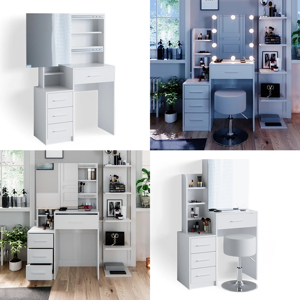 Tavolo da toeletta Conrada Bianco 80 cm con illuminazione LED e sgabello Vicco