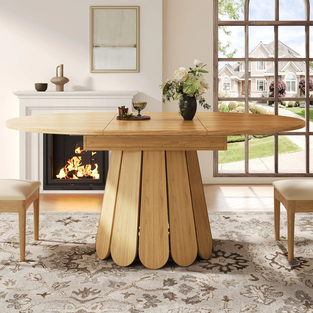 Tavolo da pranzo rotondo allungabile con piano scorrevole; per cucina e soggiorno; legno naturale