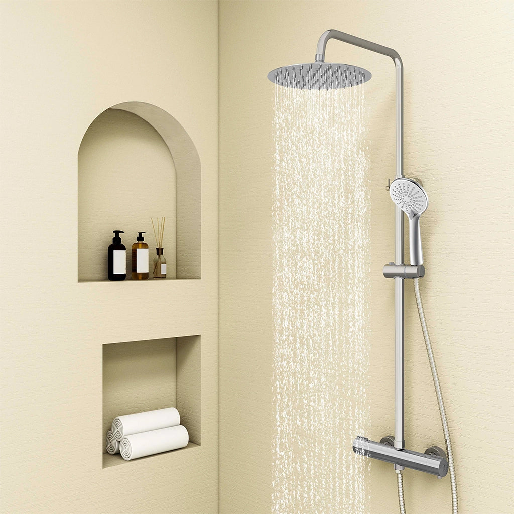 AICA ITALY Sistema Doccia con Miscelatore Termostatico a 38℃ e Soffione Rotondo da 25cm Altezza Regolabile 72-120cm Cromo