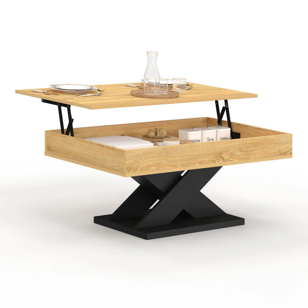IDMarket - Tavolino rettangolare con piano sollevabile in legno ALICIA e base nera