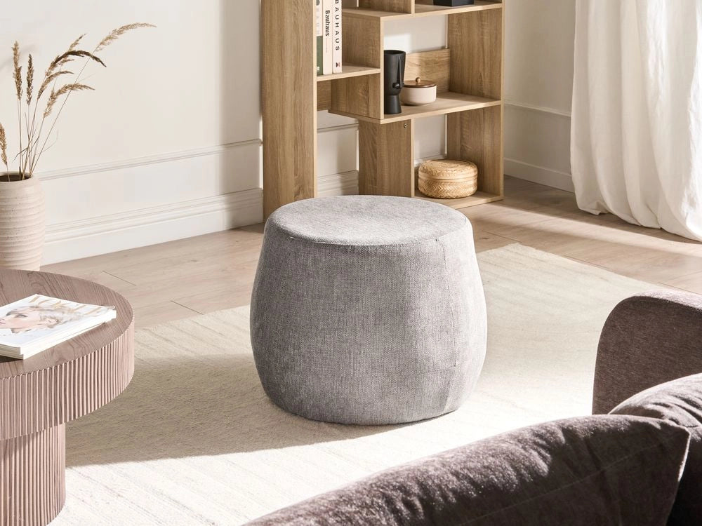 Pouf rotondo moderno Drum stile morbido soggiorno camera da letto tessuto grigio chiaro