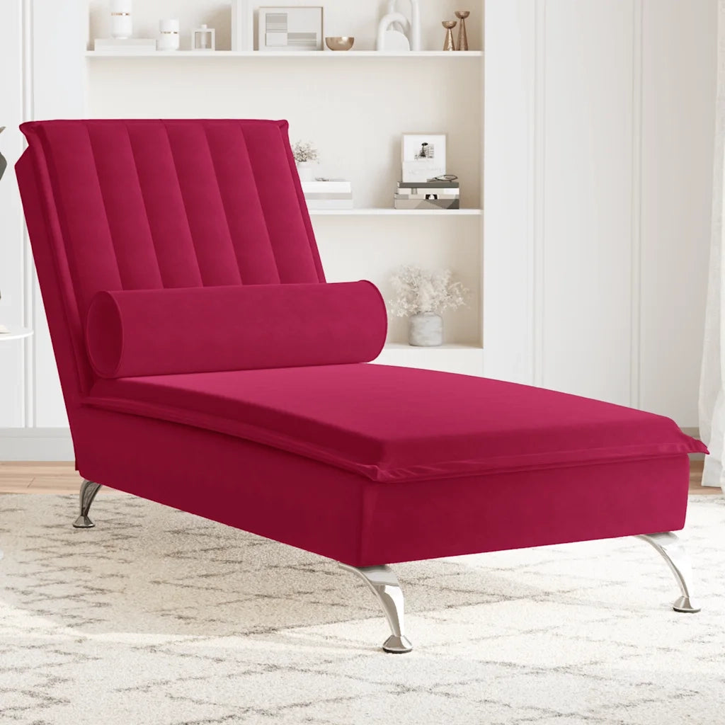 Chaise Longue Massaggi con Cuscino a Rullo Rosso Vino Velluto CFW2108549