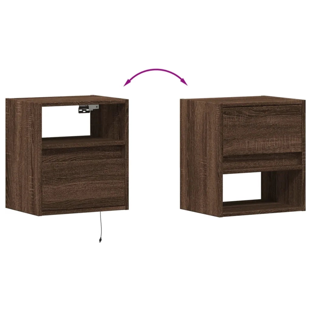 Comodini a Parete con luci LED 2 pz Rovere Marrone