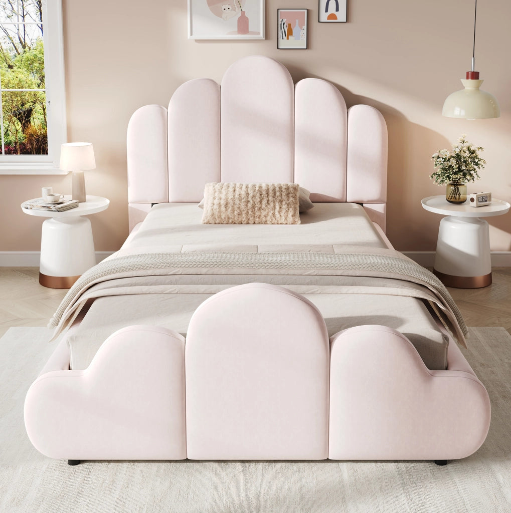 Letto singolo imbottito 90x200 cm in velluto rosa con testiera arrotondata e rete inclusa