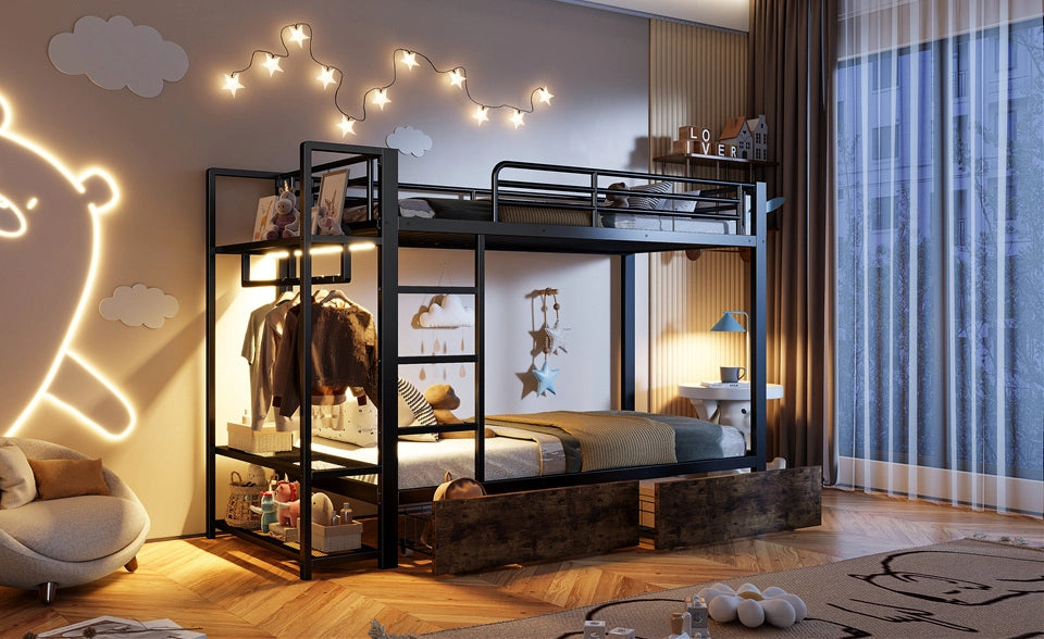 Letto a castello 90x200 cm con LED, cassetti e ripiani