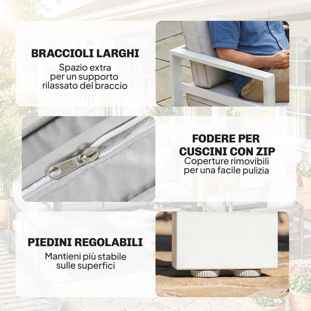 Set 5 Pezzi Salotto da Giardino con 2 Divani 2 Sedie e Tavolo in Alluminio Bianco