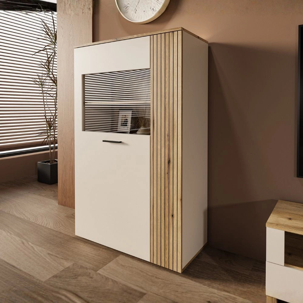 Vetrina con anta a listelli verticali Frezo06 cashmere e rovere evoque 90x42x146H