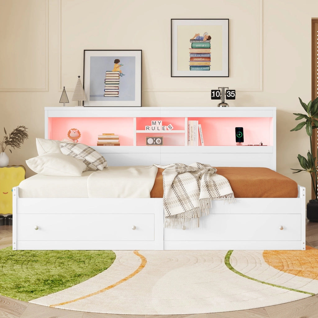 OKWISH Letto Divano 90×200 cm, Letto Singolo con 2 USB, 2 Prese, LED Regolabile e 2 Cassetti, senza Materasso, Bianco
