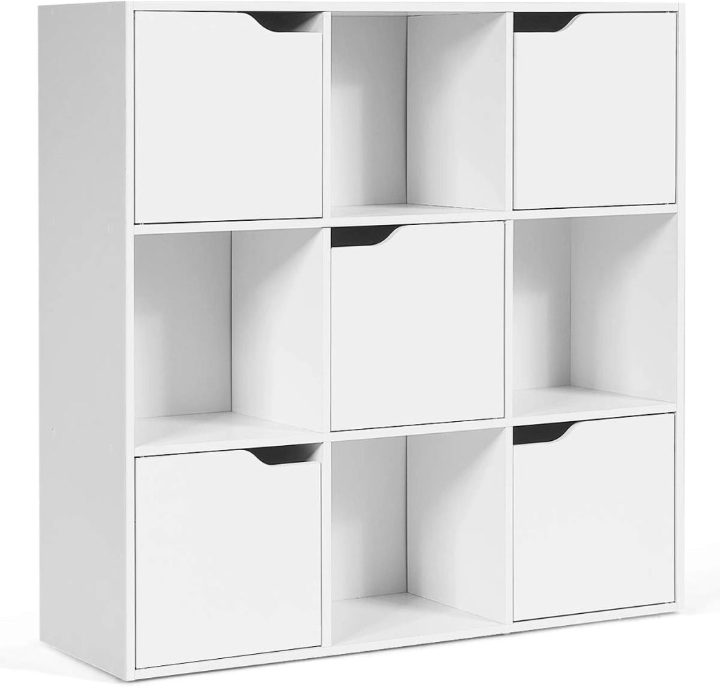 Armadietto Libreria a 3 Livelli, con 6/9 Scomparti, 3/5 Ante, Mobiletto Portalibri Moderno, Multiuso e Salvaspazio, Ideale per Soggiorno, Studio, Ufficio, Camera (Bianco, 90x29x90 cm)