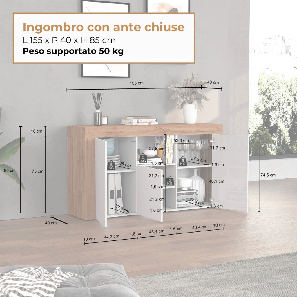 WHOUS Credenza Chronos 3 ante e 1 vano bianco lucido e rovere 155x40x85 cm