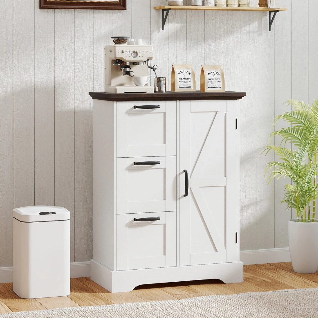Mobile da pavimento mobile accentato rustico con porta da fienile, Mobile credenza indipendente per cucina Bianco-Armadietti da bagno