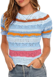 Maglietta Donna Corta Manica - Collo Colorblock - Disegno a Strisce - Maglia Leggera e Leggera - Maglietta Casual - Tela Super Sovracciglia - Maglia a Maglia