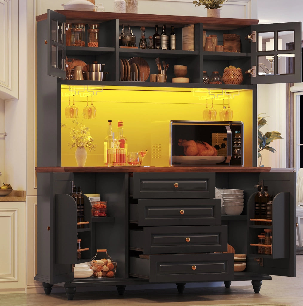 Credenza alta da cucina nera con LED RGB e 4 cassetti