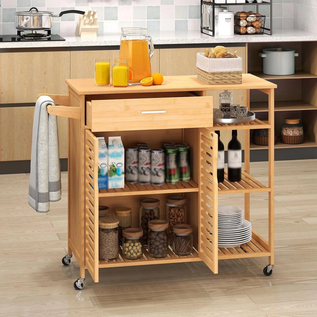 Carrello da Cucina, Mobile da Cucina in Bambù con Ruote Cassetto Ripiani Barra per Asciugamani e Armadio con 2 Porte, Organizzatore per Sala da Pranzo Soggiorno, 104x40x89 cm