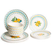 Set da 12 stoviglie in porcellana bianca e verde con finitura smaltata, con motivo a limoni, composto da ciotole e piatti, per cucina e sala da pranzo