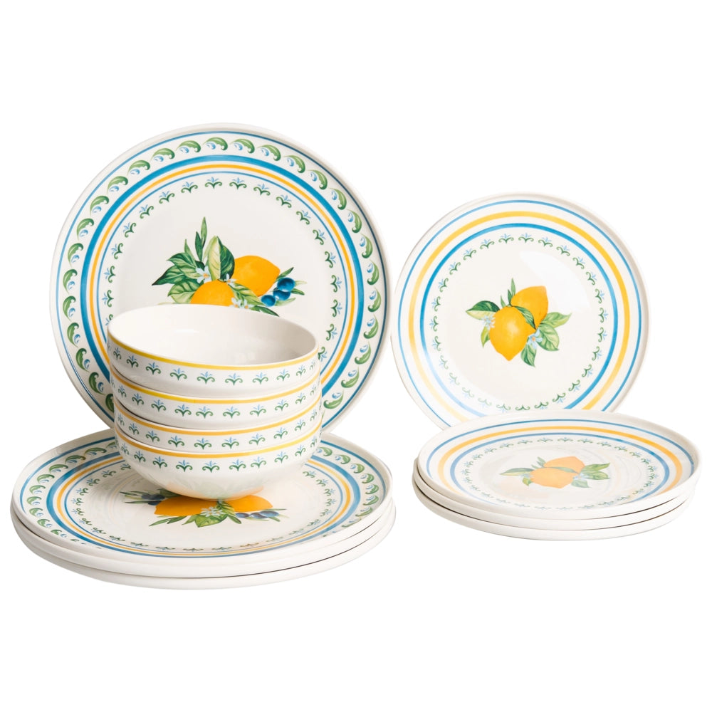 Set da 12 stoviglie in porcellana bianca e verde con finitura smaltata, con motivo a limoni, composto da ciotole e piatti, per cucina e sala da pranzo
